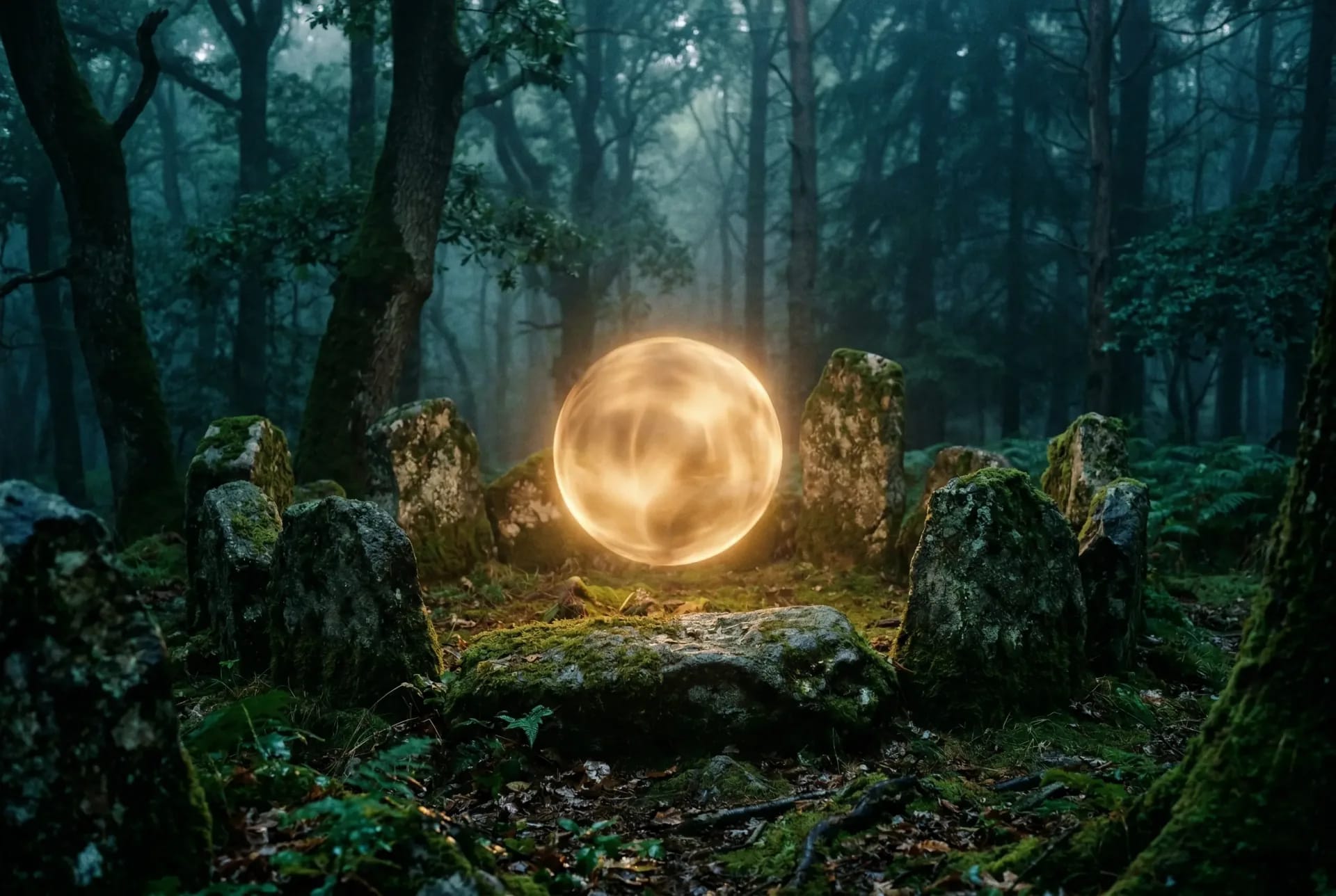 Energetischer Schutz durch Schutzmagie: Goldene Energiesphäre in mystischem Steinkreis im Wald
