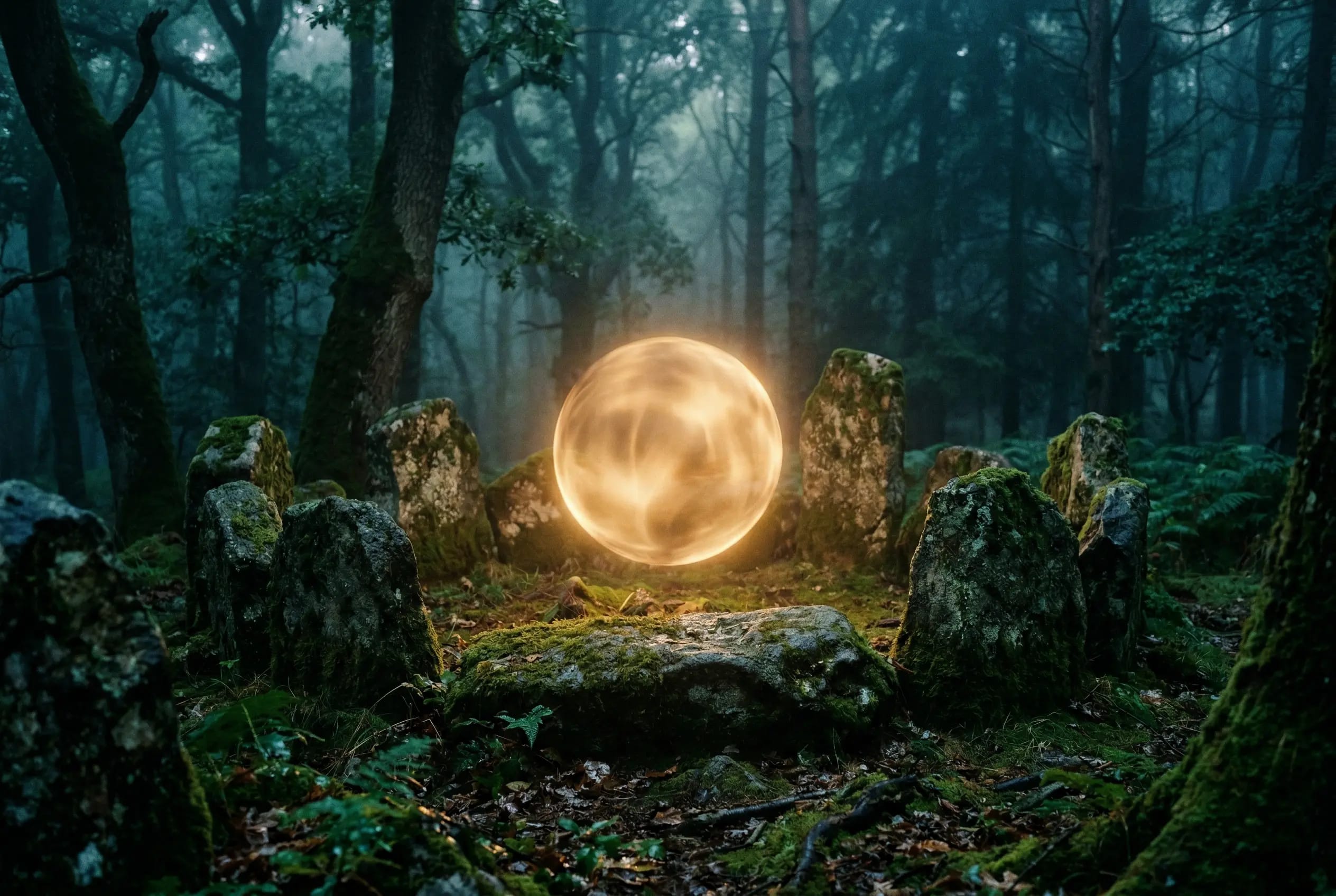 Energetischer Schutz durch Schutzmagie: Goldene Energiesphäre in mystischem Steinkreis im Wald